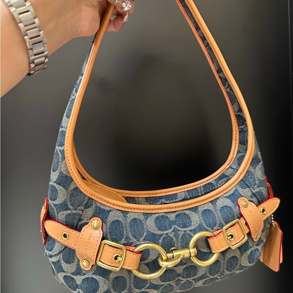 Coach Blue Denim Shoulder Bag with Tan Leather Trim and Gold Hardware